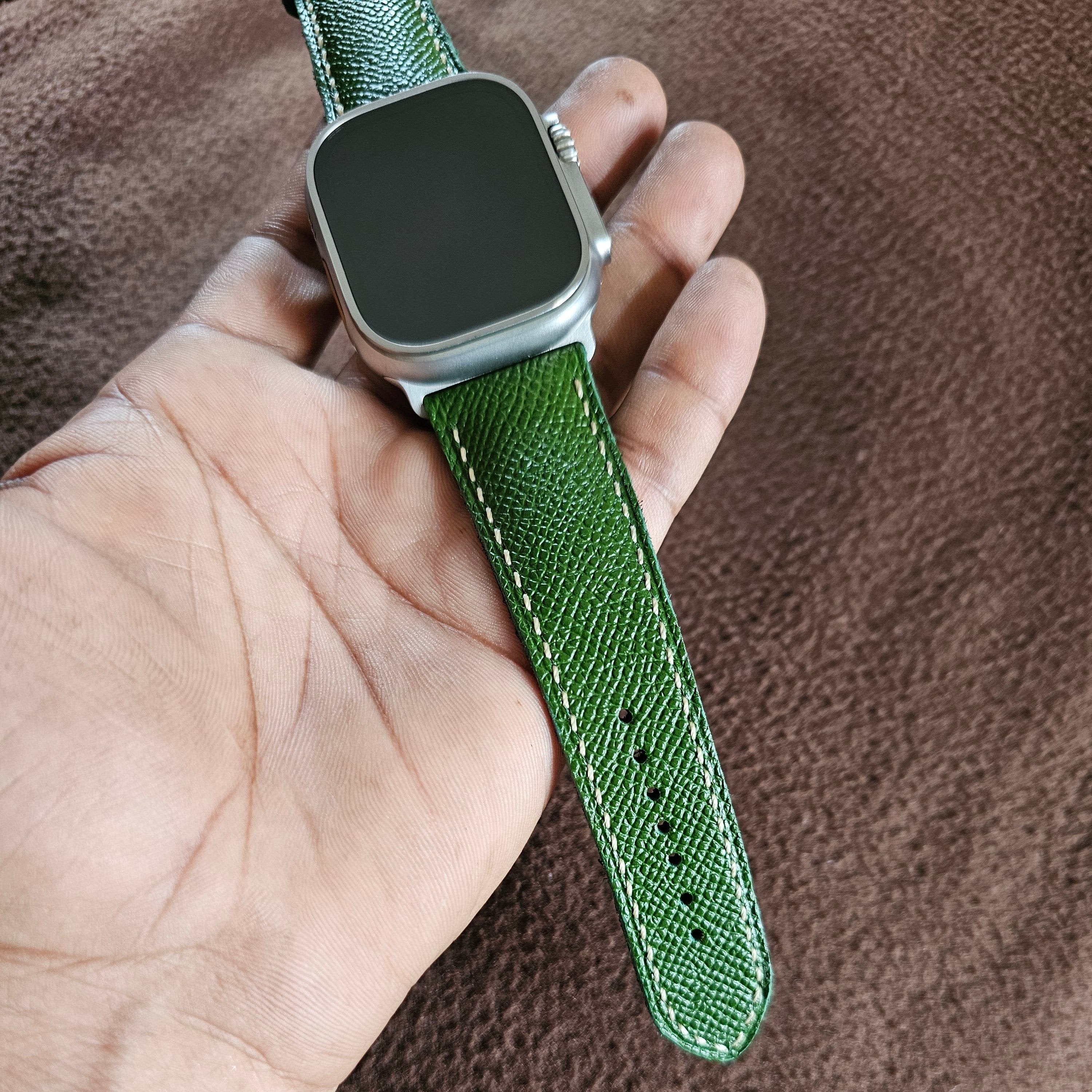 Leather apple watch bands 38/40/41/42/44/45 mm, Thom Browne Edison Green epsom haas leather bands, i watch bands, iphone watch top bands