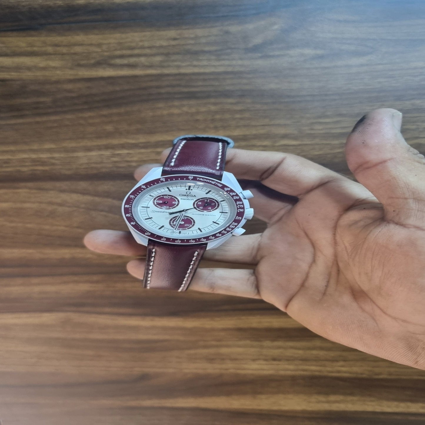 Indianleathercraft Burgundy-white thread Omega moonswatch leather strap