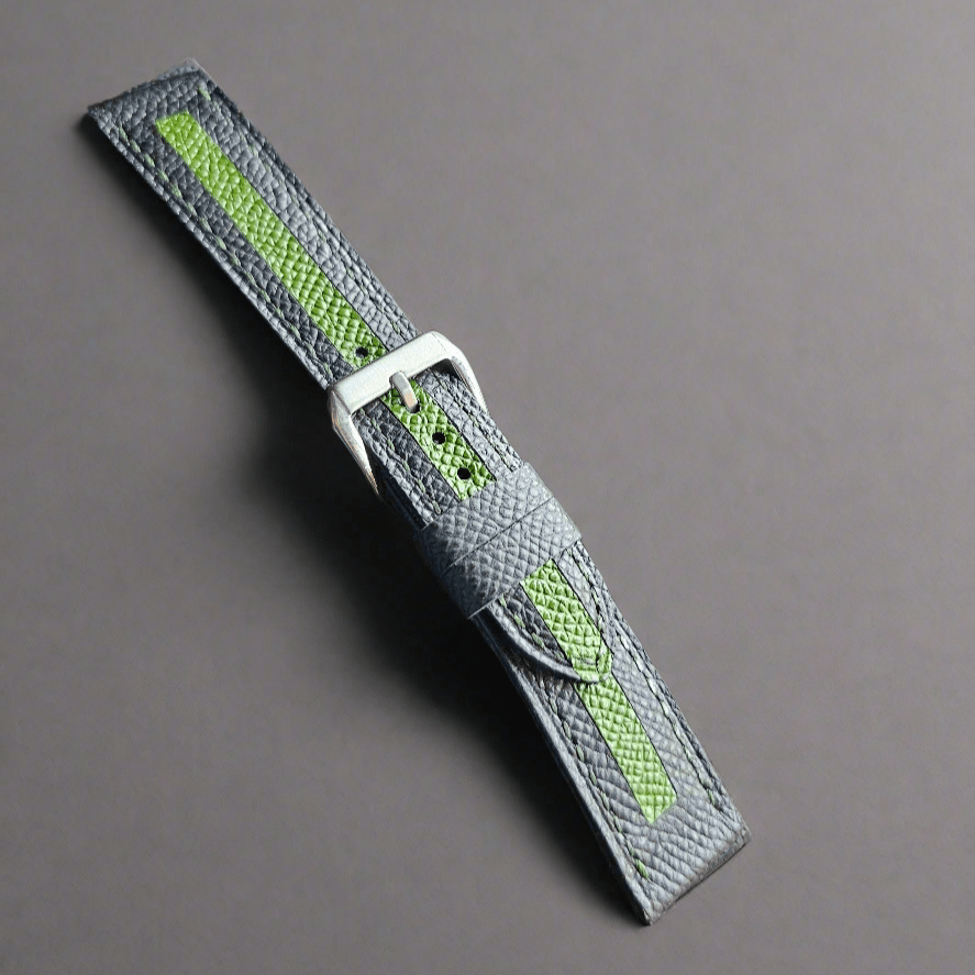 Indianleathercraft Watch Bands Black-Green strip / 18mm Fullgrain slim leather watch straps