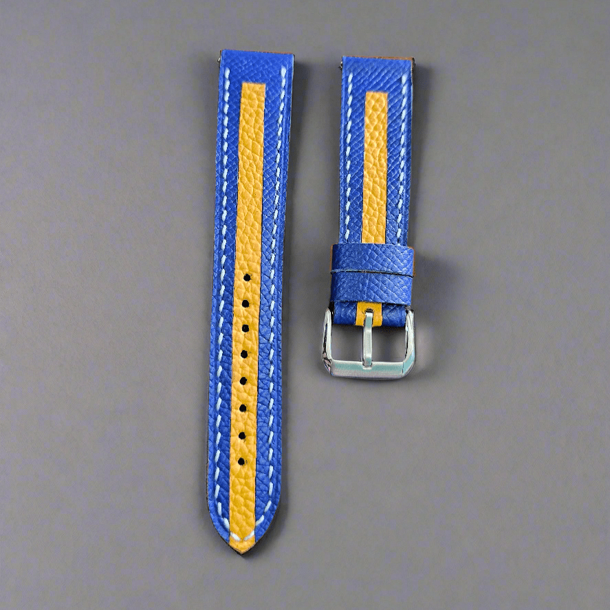 Indianleathercraft Watch Bands Blue-Yellow strip / 18mm Fullgrain slim leather watch straps