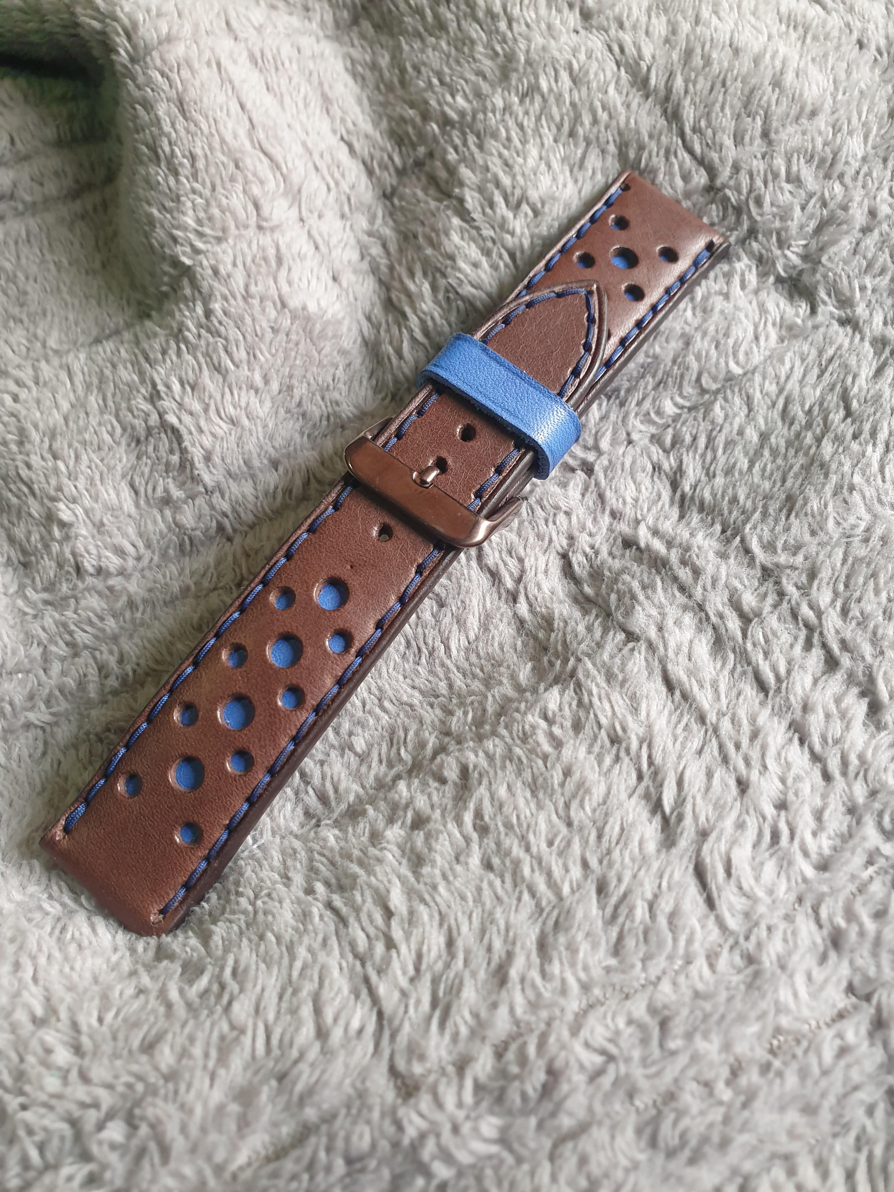 Red rally watch strap - racing leather watch band - Handcraft
