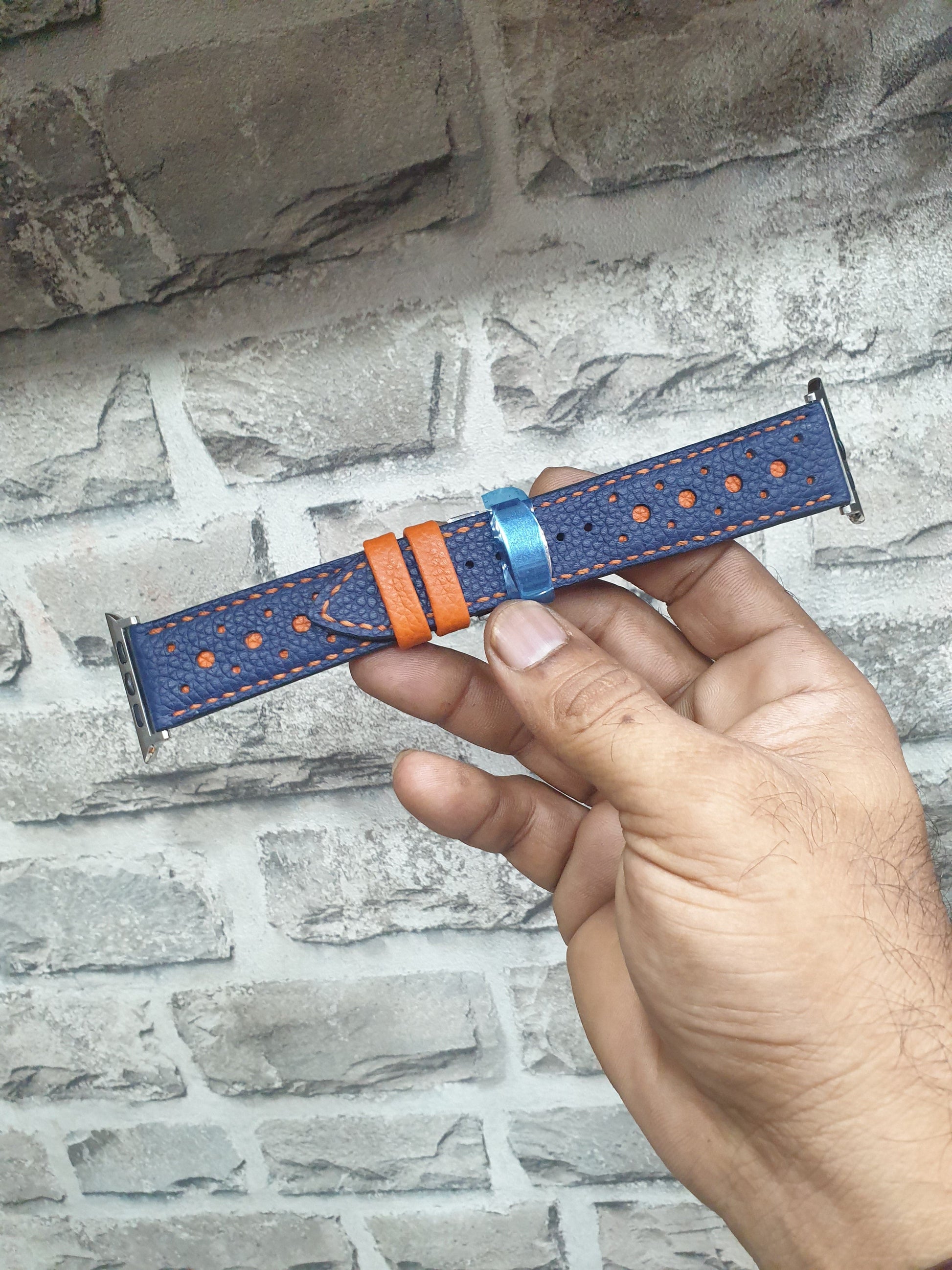 Indianleathercraft Handmade blue leather apple watch rally strap