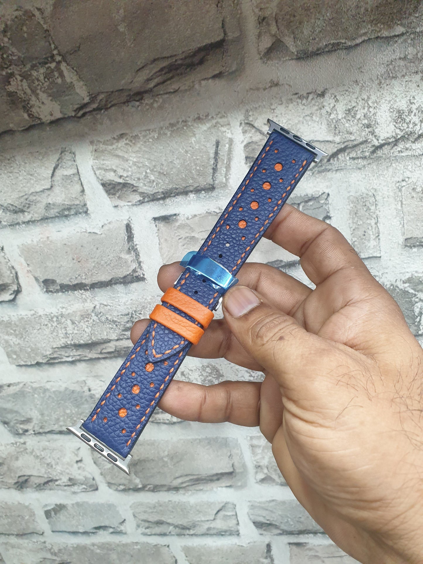 Indianleathercraft Handmade blue leather apple watch rally strap