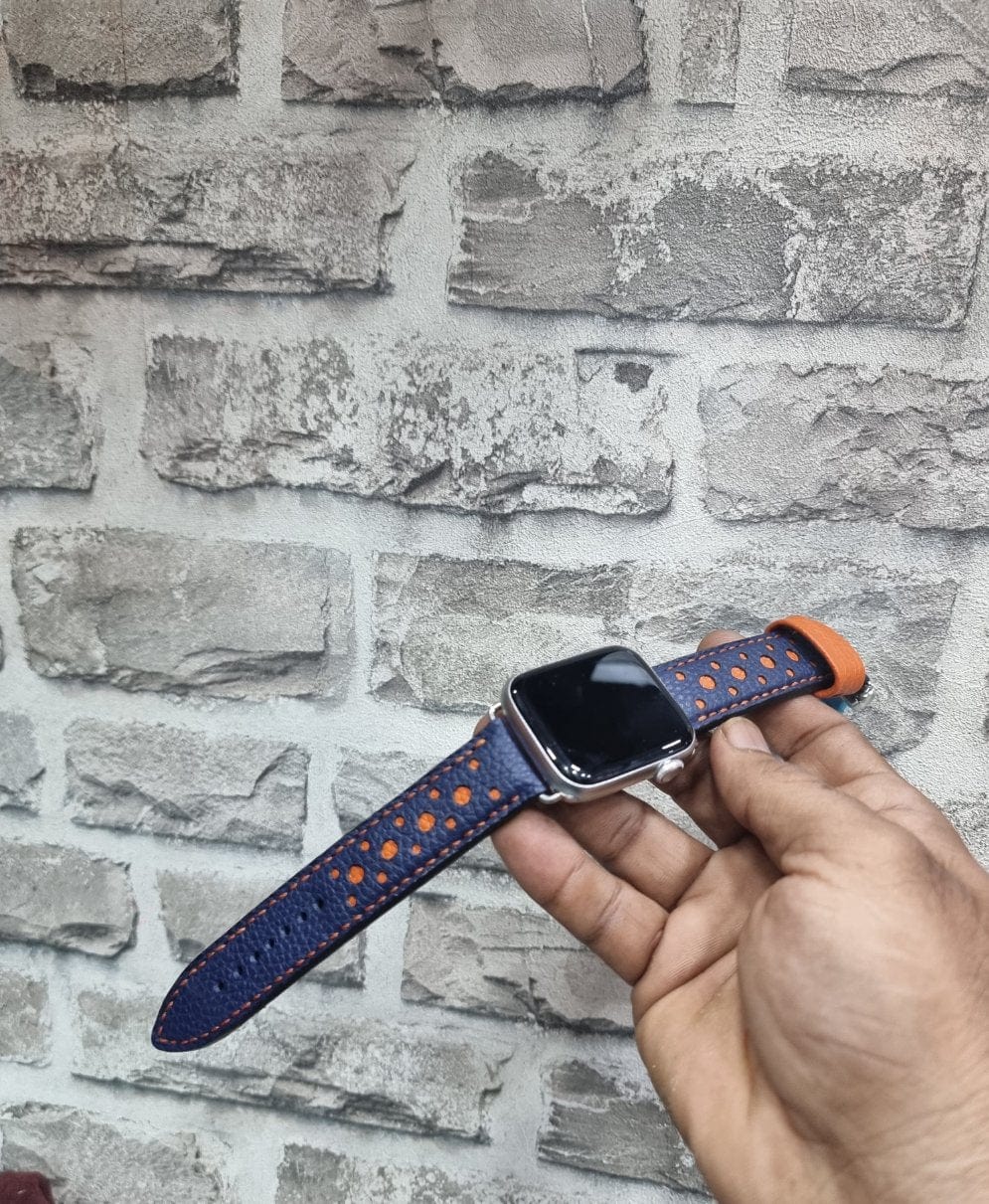 Indianleathercraft Handmade blue leather apple watch rally strap