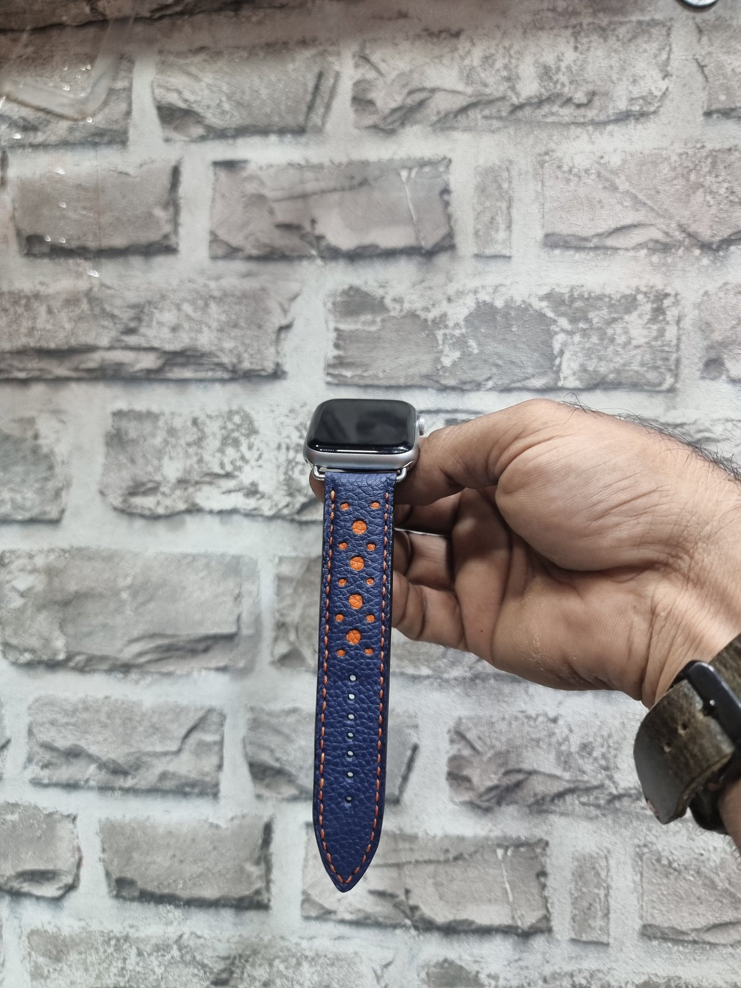 Indianleathercraft Handmade blue leather apple watch rally strap