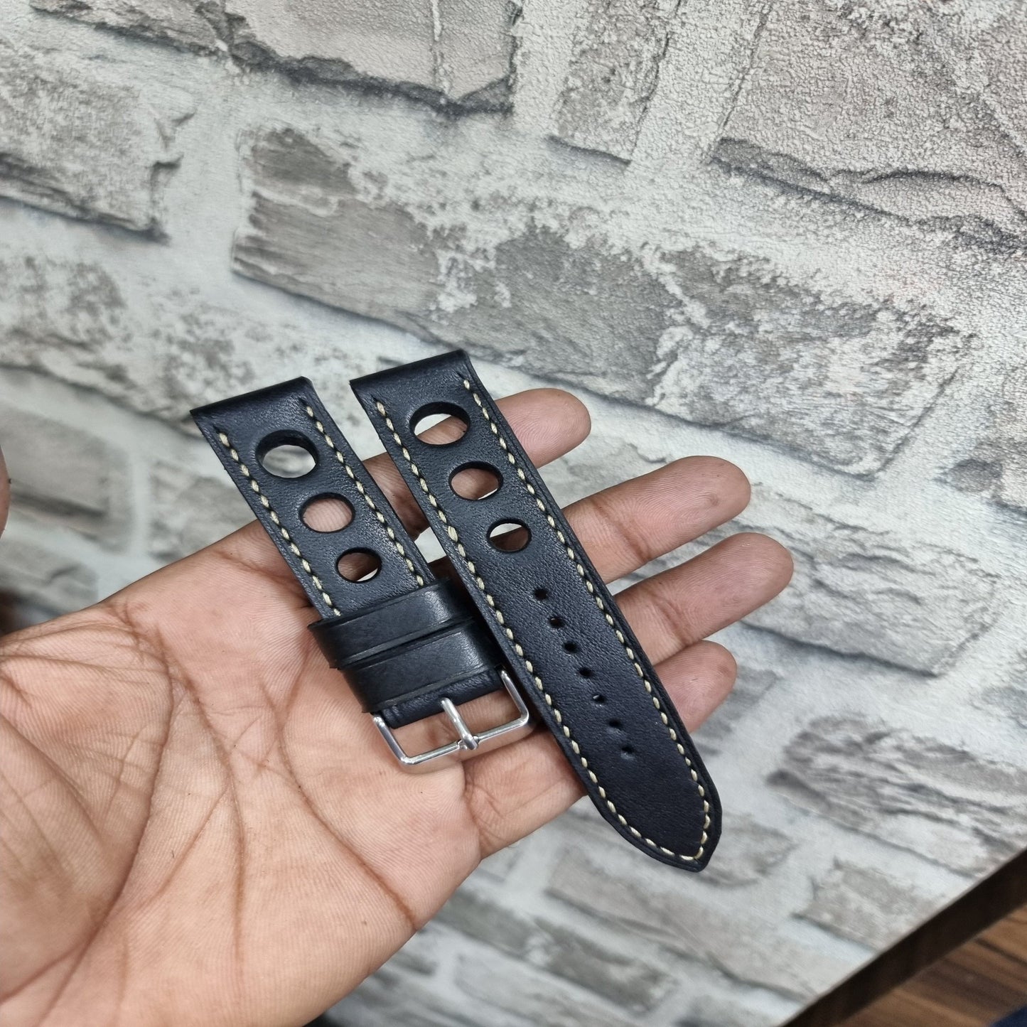 Indianleathercraft watch strap Handmade black racing leather strap