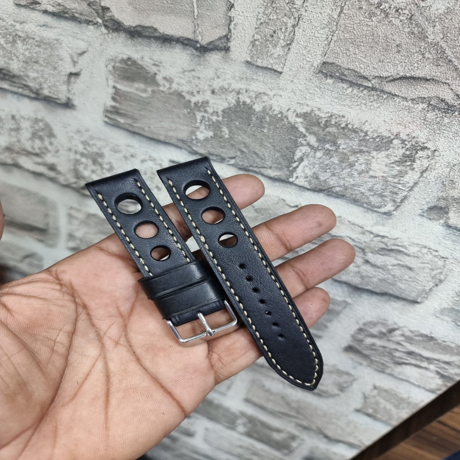 Indianleathercraft watch strap Handmade black racing leather strap